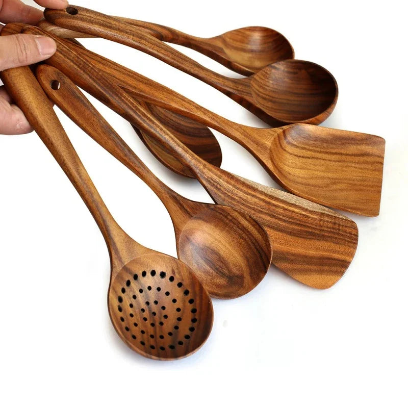 Håndskåret teakwood matlagingssett