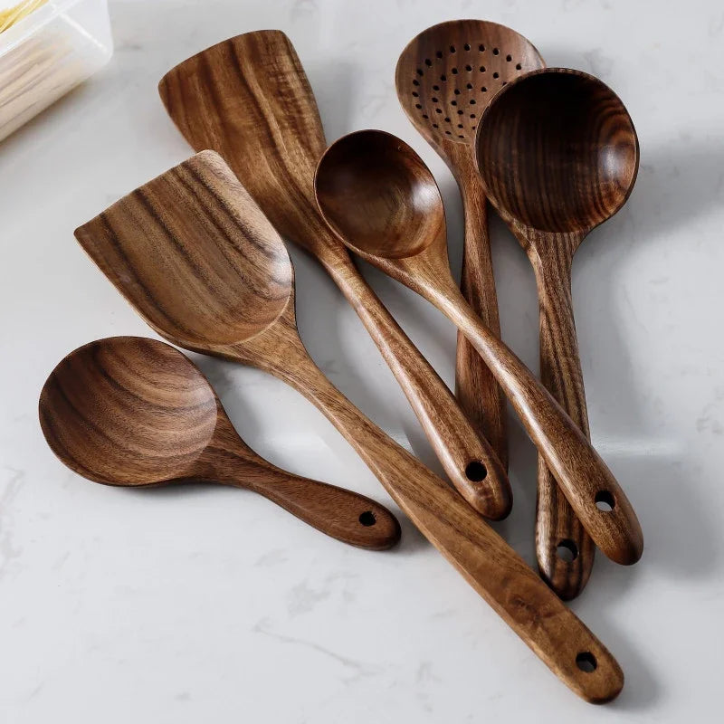 Håndskåret teakwood matlagingssett