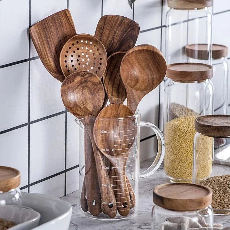 Håndskåret teakwood matlagingssett