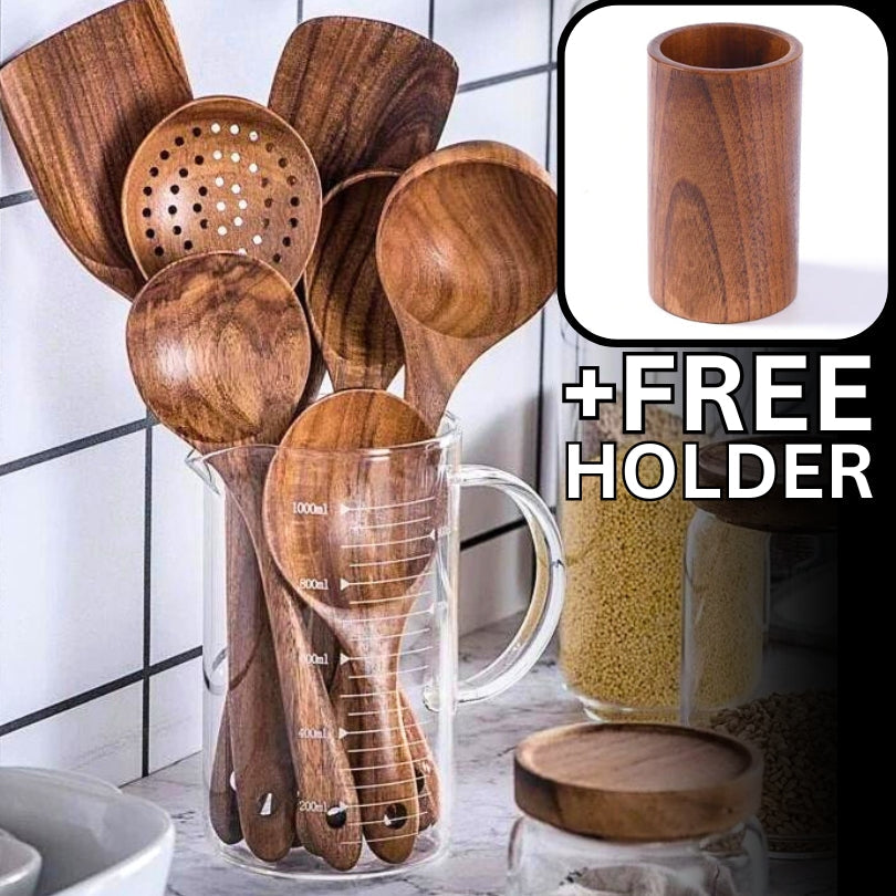 Håndskåret teakwood matlagingssett