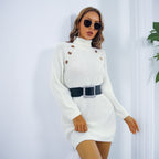 Vinter Turtleneck Long Sweater Dress With Button Design Leisure Clinch Long Sleeve Base Sweater Women