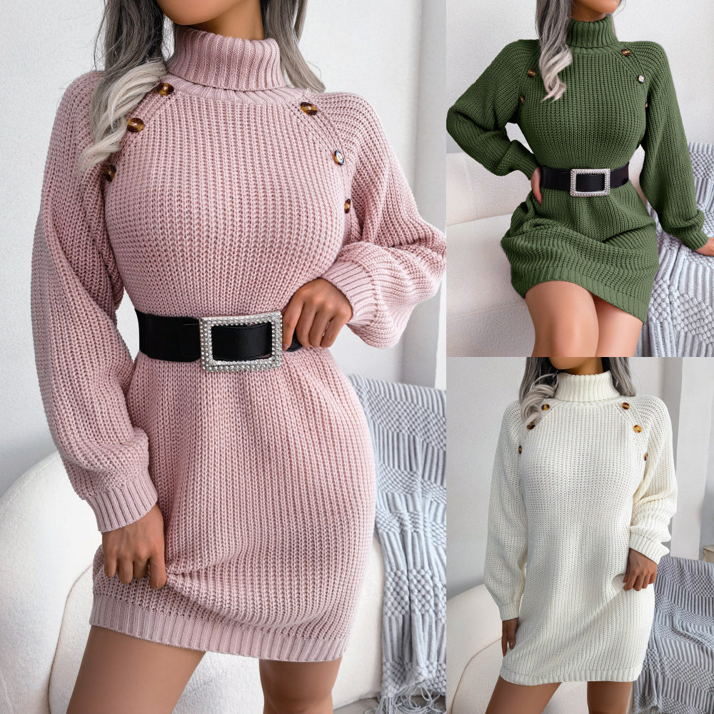 Vinter Turtleneck Long Sweater Dress With Button Design Leisure Clinch Long Sleeve Base Sweater Women